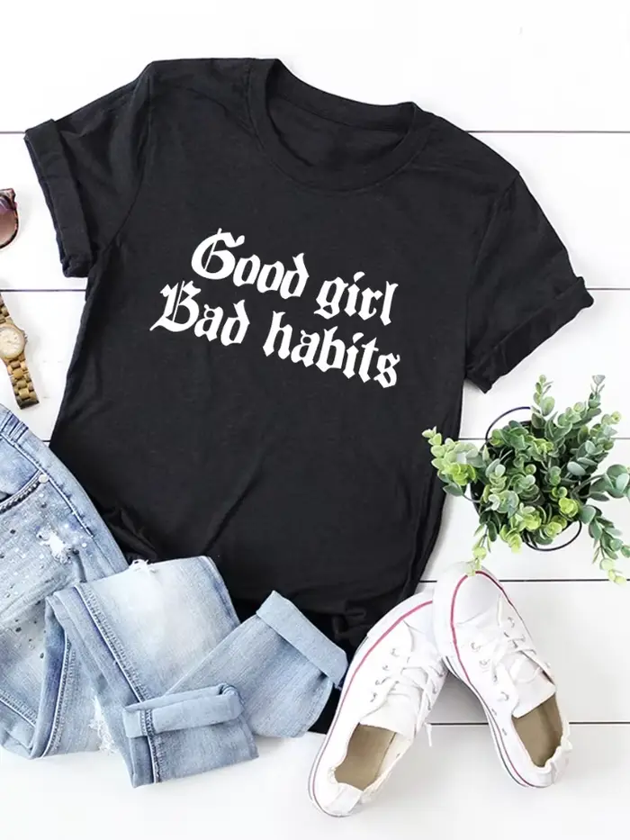Dámské tričko s krátkým rukávem a kulatým výstřihem s nápisem Good Girl Bad Habits College