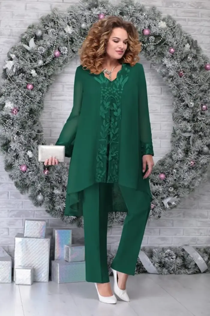 Ensemble trois pièces de fête brodé pour femmes, décontracté, ample, col en v, chemise longue irrégu