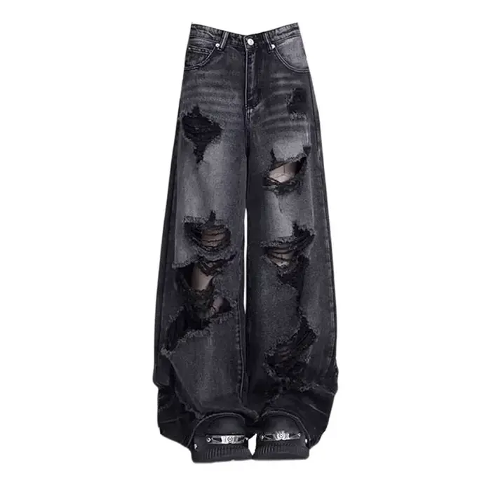 Jean déchiré noir Vintage pour femmes, pantalon à jambes larges, taille haute, droit, Baggy, Y2k