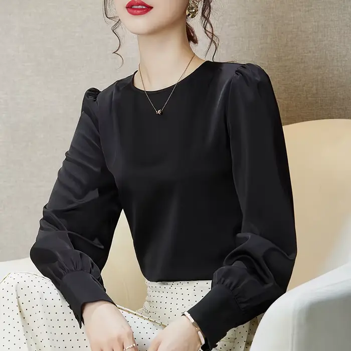 Chemise en soie glacée à manches longues et col rond pour femmes, chemisier monochrome en satin acét