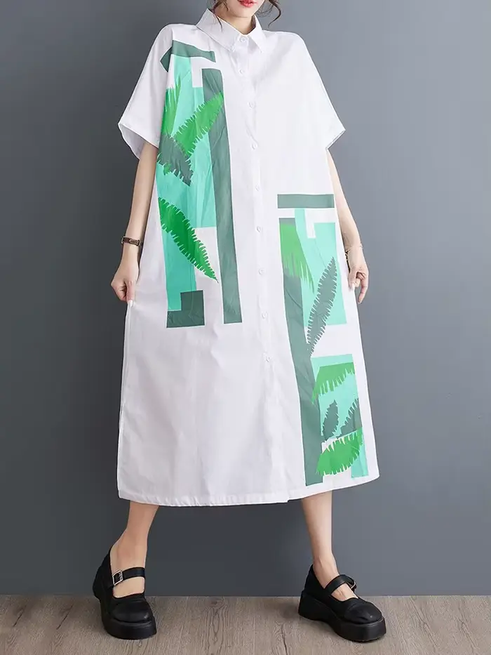 Nouvelle Robe Chemise Longue Décontractée Ample à Manches Courtes Imprimé Vintage Noir pour Femme –