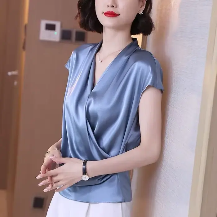 2026 été belles chemisiers pour femmes mode mousseline de soie col en V femmes Blouses Satin bureau