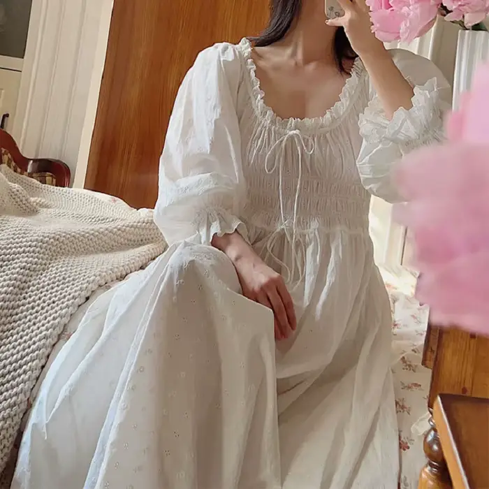 Vysoce kvalitní Vintage měkké čisté bavlněné dlouhé noční košile pro ženy dlouhý rukáv elegantní pohodlné výšivky volné noční košile