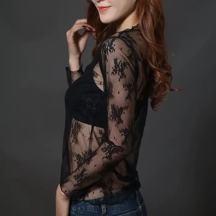 2021 mode femmes Sexy à manches longues voir à travers maille résille haut décontracté T-Shirt pure