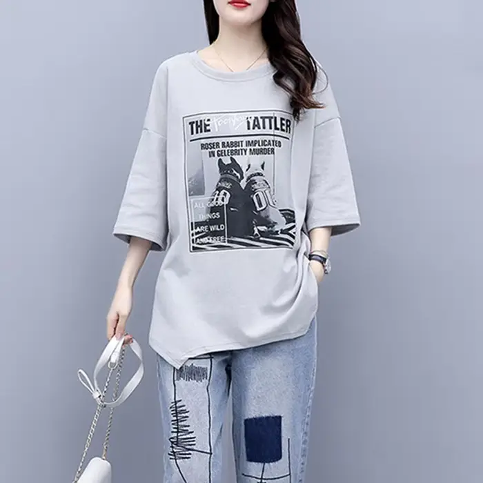 T-shirt imprimé coréen pour femme, tenue en jean femme, décontracté, trempé, nouveau, été, printemps