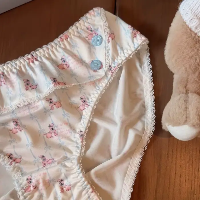 Culottes pour femmes en fibre de lait, taille basse, style Kawaii Lolita, avec nœud, imprimé poupée, dentelle et volants mignons