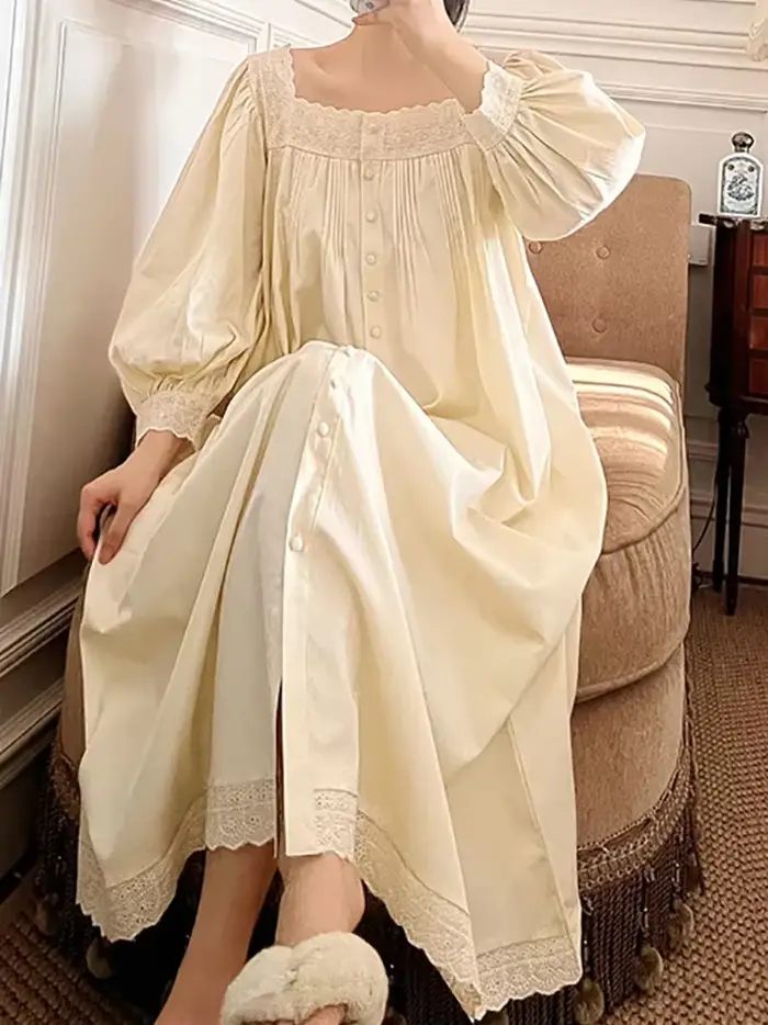 Femmes robe de nuit printemps automne pur coton à manches longues Peignoir romantique Vintage chemises de nuit vêtements de nuit princesse vêtements de nuit