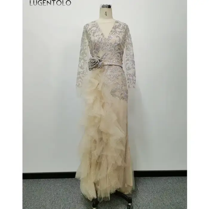 Lugentolo-Robe de soirée à paillettes pour femmes, nœud mince, manches longues, col rond, maille élé