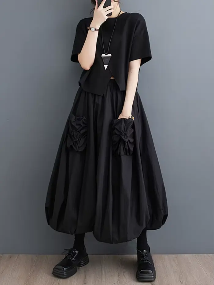 Jupe plissée noire vintage pour femmes, jupe longue bicouche, vêtements décontractés, taille haute,