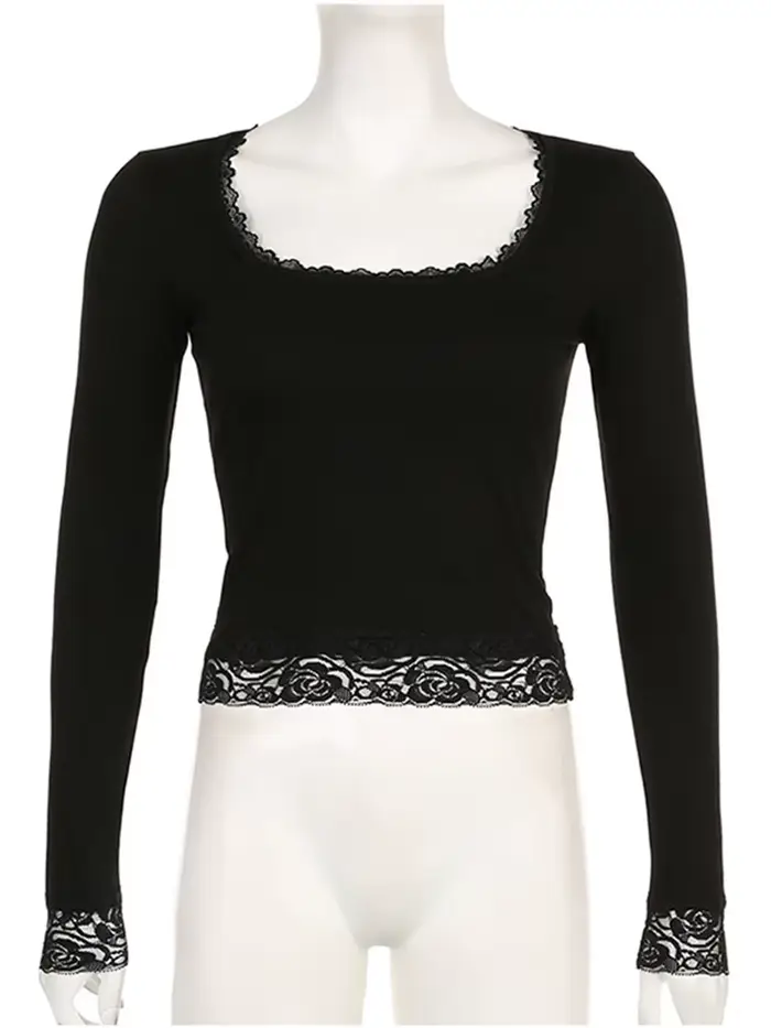 T-shirt manches longues pour femmes, Vintage, fée Grunge, garniture en dentelle, Slim, convient aux 