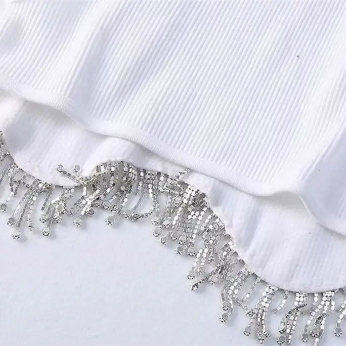 T-shirt à tricoter en perles de diamant pour femmes, débardeurs courts Chic Camis, gilet mince, haut