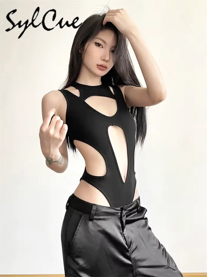 Sylcue noir mystérieux Sexy discothèque chaude creux tout-Match Cool personnalité à la mode Mature b