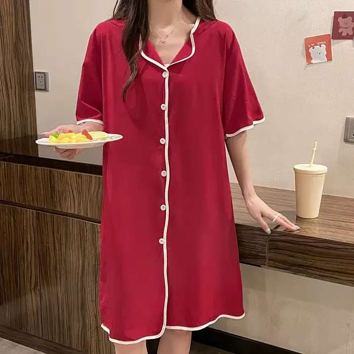 Grande taille M-4XL chemise de nuit pour femmes été doux à manches courtes robe de maison glace soie jupe de nuit Cardigan mignon robe de nuit coréenne