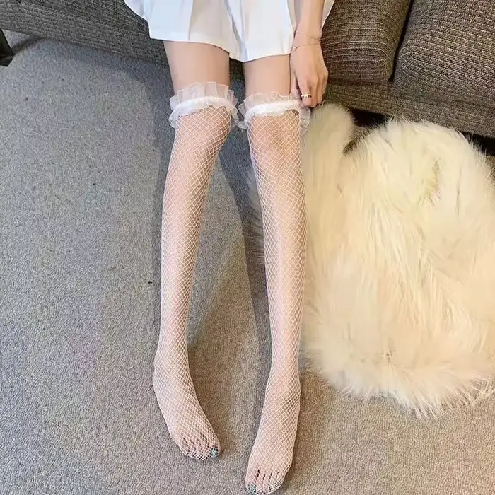 Hollow out punčochy v sexy krajkové síťované pro ženy, vysoké stehno na kolenou, nylonové dlouhé ponožky, Anime Lolita úplet, průhledná gáza