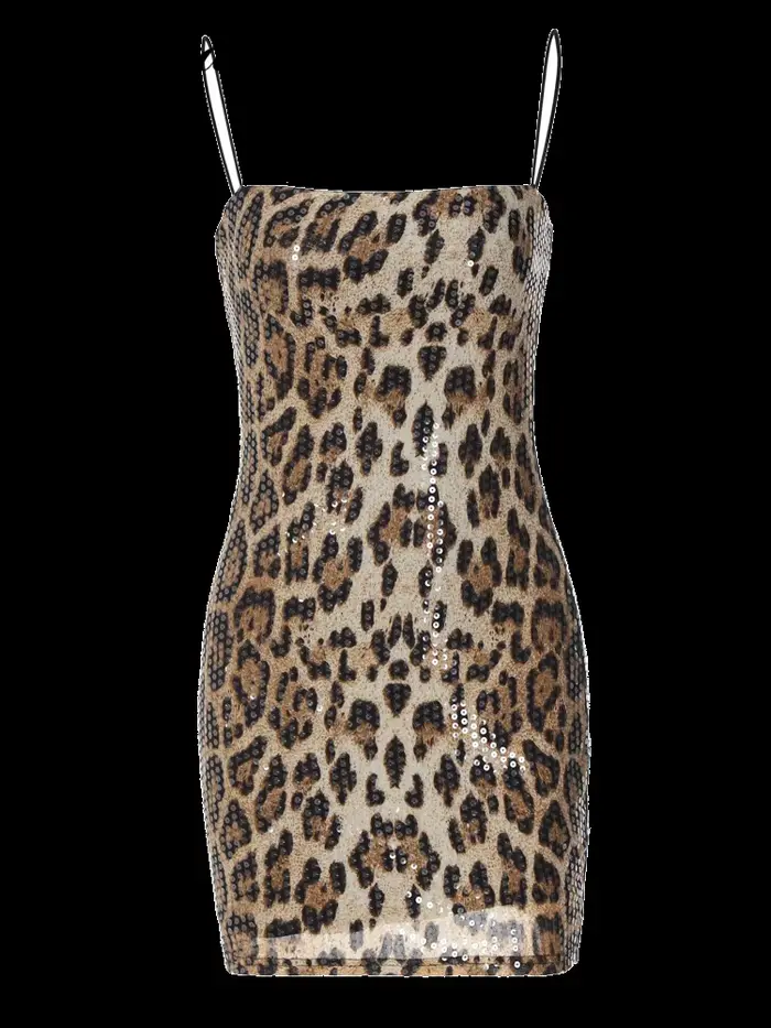 Mini robe tactique zura à imprimé léopard pour femmes, sangle initiée par les spaghettis, col carré,