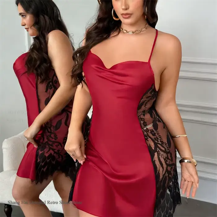 Noční košilka pro ženu velkého rozměru 3XL 4XL 5XL, noční košilka sexy z krajky s transparentními částmi, spodní prádlo široké z saténu, oblečení pro domácnost