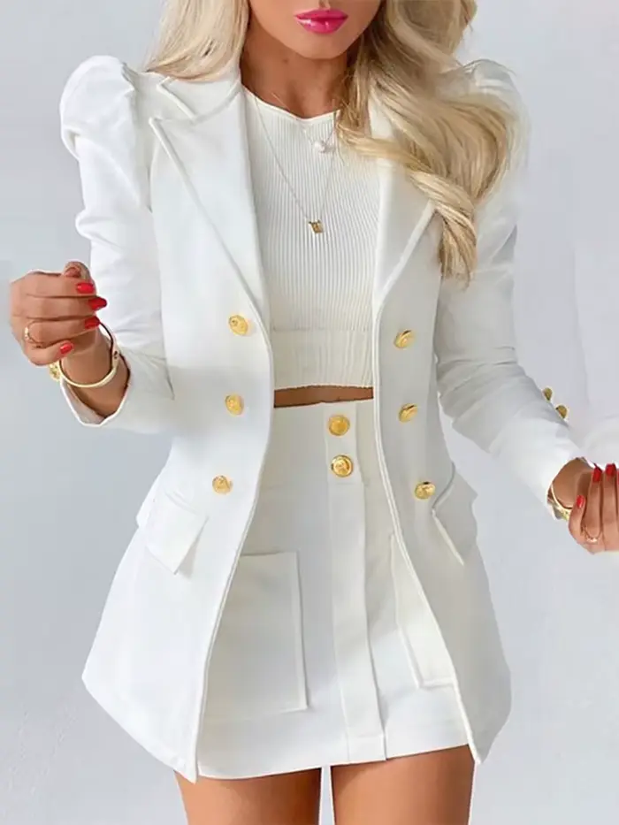 Ensemble Deux Pièces pour Femme, Tenue de Bureau, Couleur Unie, Manches Bouffantes, Jupe à lèvent Ta