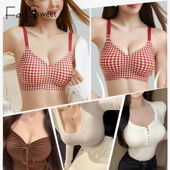 FallSweet Classic Wireless Push Up podprsenka pro malé prsy ženy bezešvý červená kostkovaná Bralette pohodlné spodní prádlo žena podprsenka