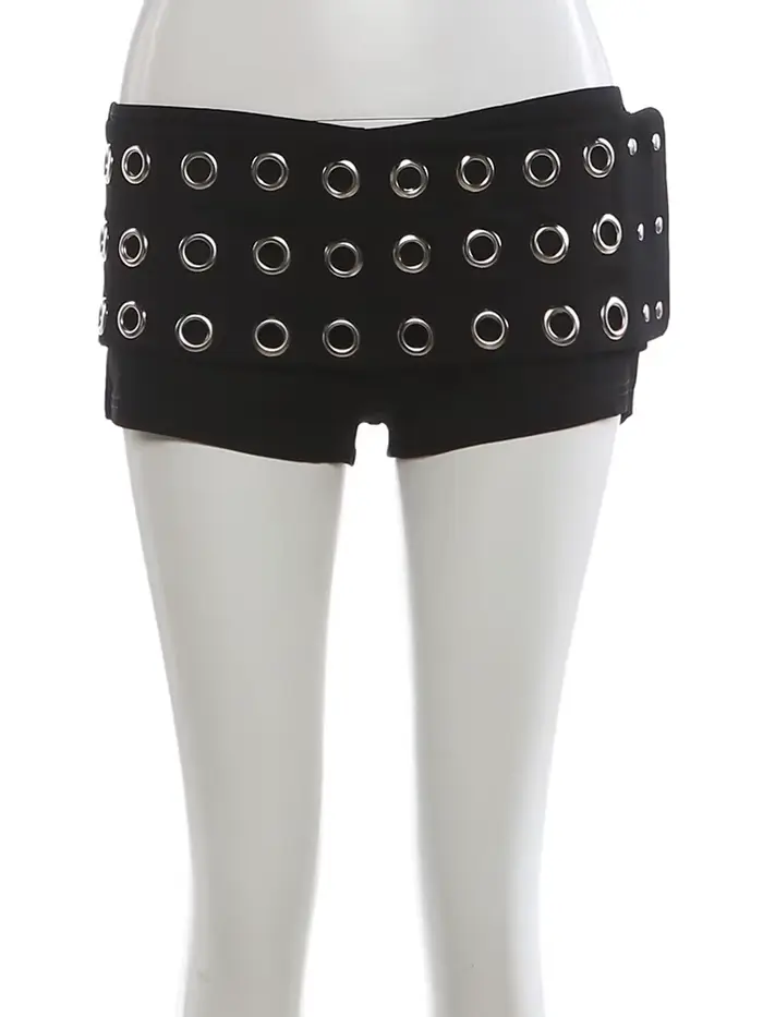 Shorts Coquette Sisterlinda pour Femme – Sexy, Métalliques, Creux, Rivets, Patchwork, Tendance Stree