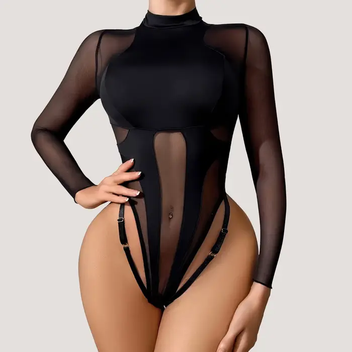 Černé body s dlouhým rukávem pro ženy, sexy průhledné obleky, sexy topy pro ženy, transparentní sexy clubwear