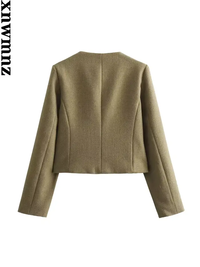 XNWMNZ-Veste courte vintage à col rond pour femme avec poche à rabat, blazer femme polyvalent, manch