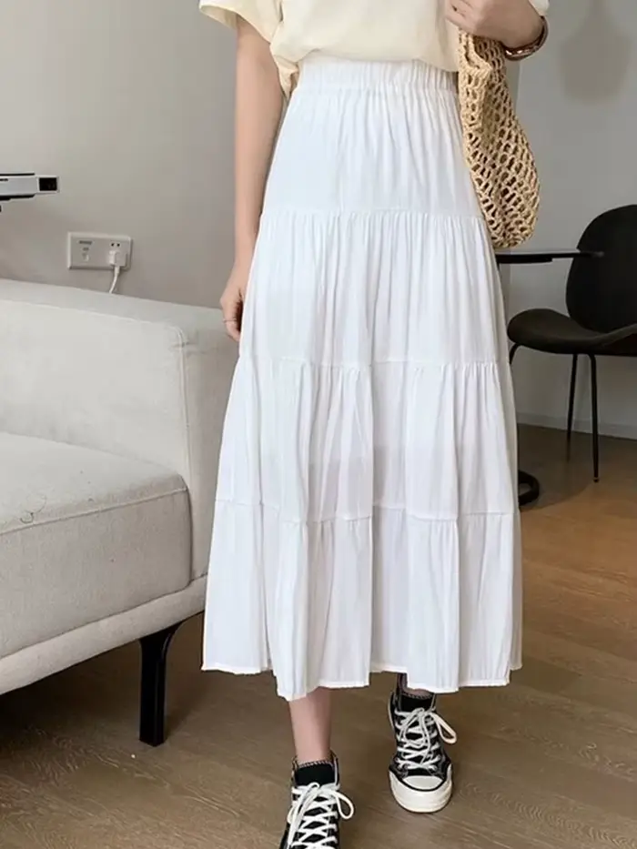 Jupe trapèze en mousseline de soie pour femme, vintage, taille haute, élastique, patchwork, blanc, n