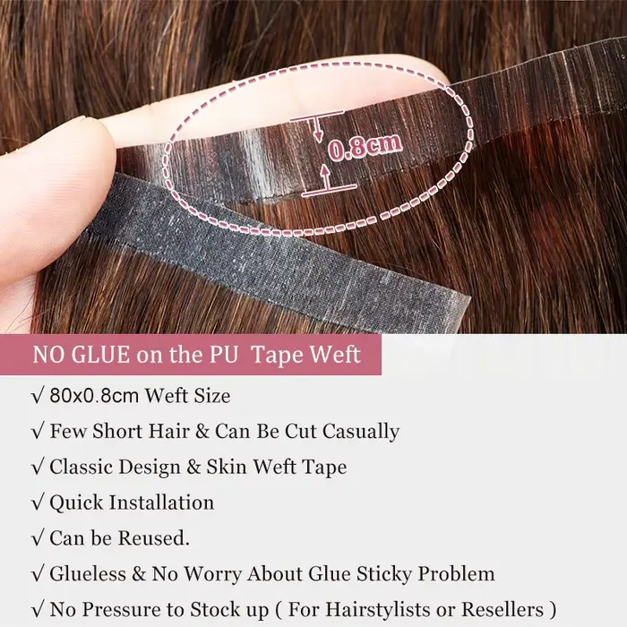 Trame de bande naturelle sans couture, longue bande de trame de peau en PU dans les Extensions humai