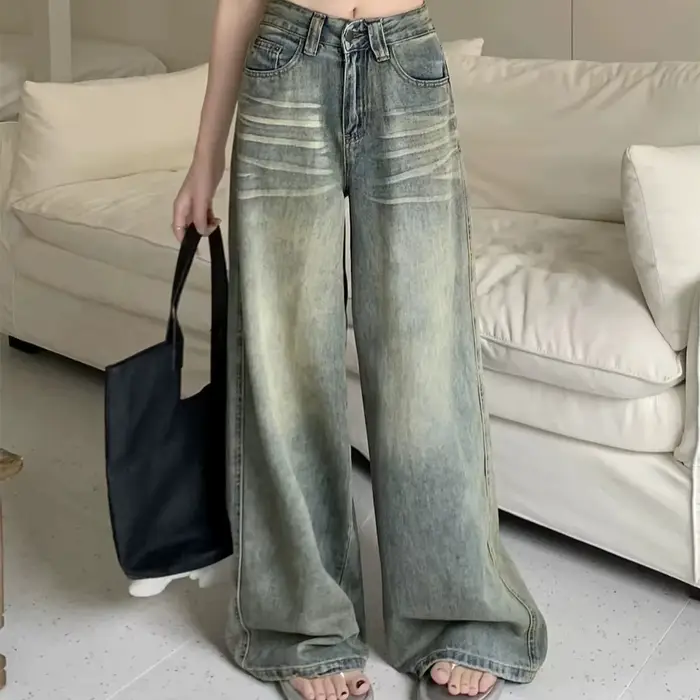 Y2K jean ample jambe droite femmes pantalon Baggy coupe large décontracté taille haute rétro lavé St