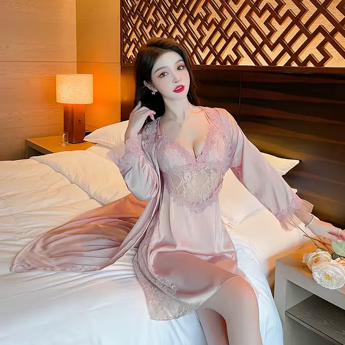 Dámské saténové kimono set, 2 kusy, sexy ležérní noční košile, domácí oblečení, krajka intimní prádlo, župan