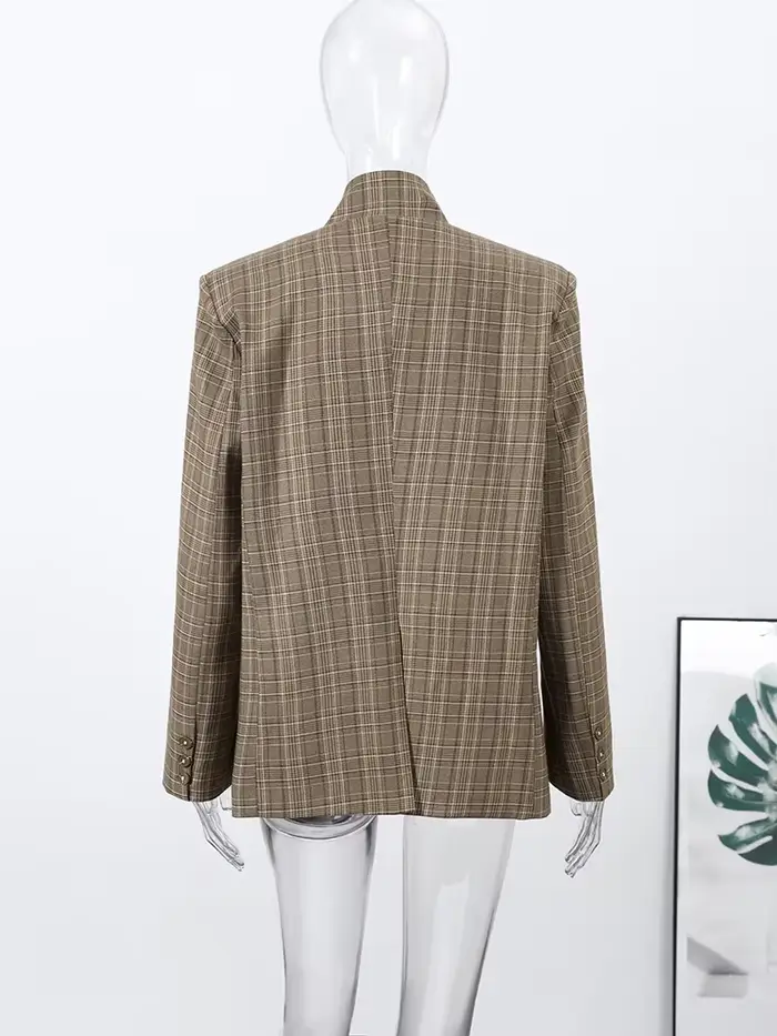 Nouveau Blazer Vintage à Carreaux pour Femme, Col Montant, Un Bouton, Poches, Veste de Costume Fémin