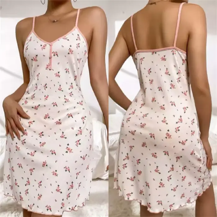 Nové sladké květinové dámské noční košile, zapnul přední, V-Neck, noční a vnitřní oděv, potisk bez ramínek, sexy, středně dlouhé, pohodlné, velké velikosti