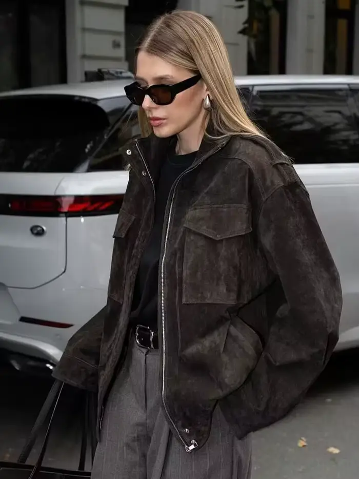 Veste en daim pour femme SLTNX, nouvelle collection printemps 2026, manteau décontracté chic à manch