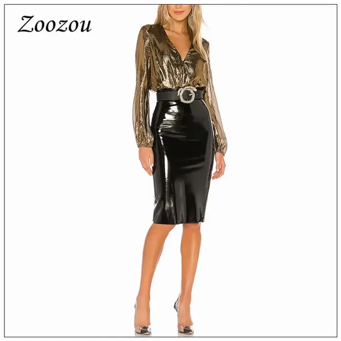Dámská midi sukně z latexu a lesklé PVC kůže