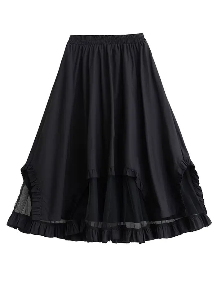 Jupe mi-longue décontractée noire vintage à empiècements en maille, taille haute, coupe irrégulière,