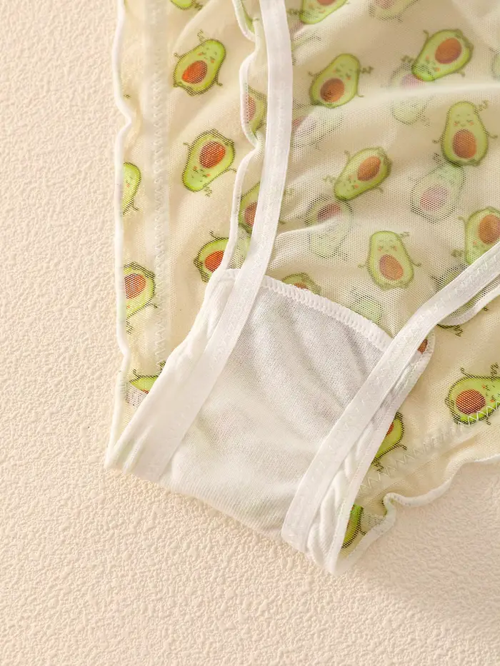 Sada 4 průhledných pletených kalhotek pro ženy, ovoce potisk, s volánky a dekorativním mašle, sexy a roztomilé spodní prádlo