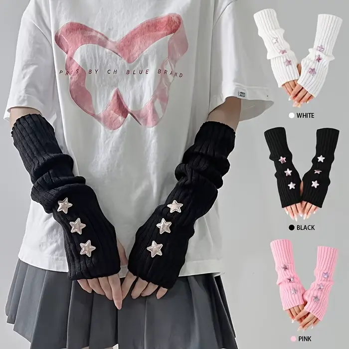 1 paire de gants sans doigts pour femmes, avec décoration d'étoiles, blanc/noir/rose, lavables en ma