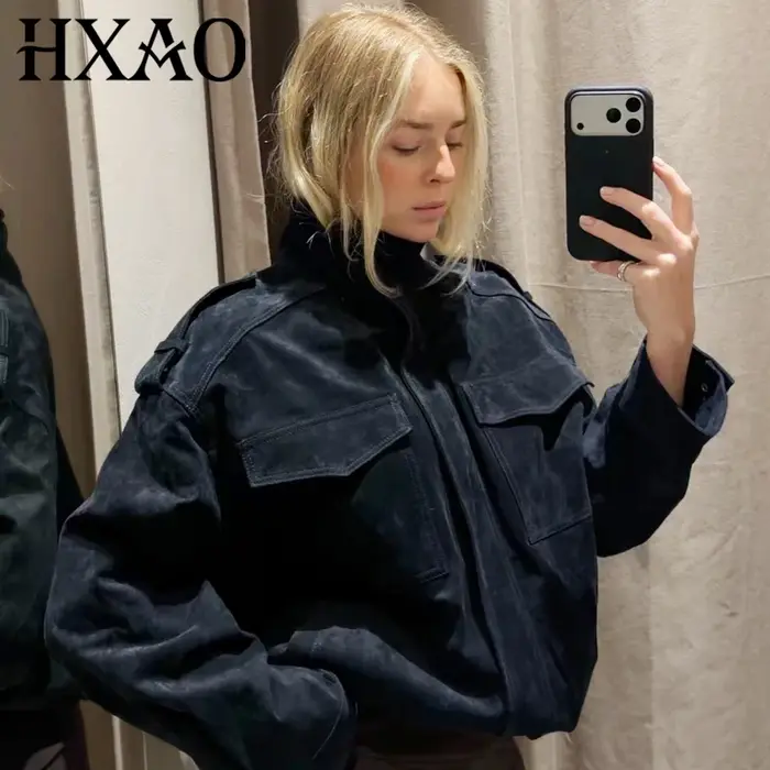 HXAO nouveauté veste en daim vestes pour femmes automne gris foncé kaki Bomber veste Chic fermeture 