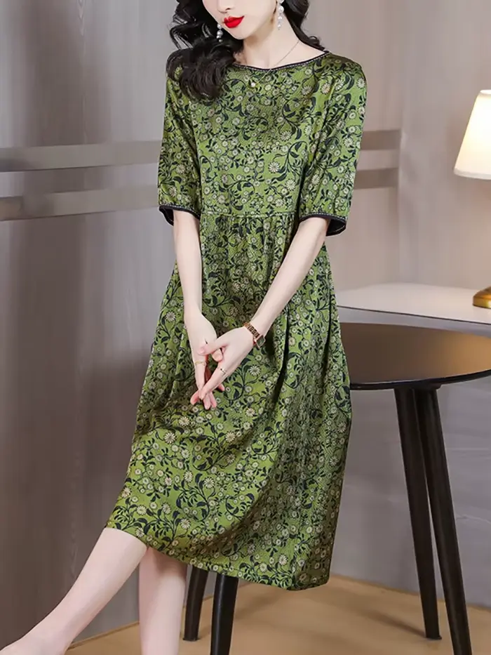 Robe mi-longue en satin à fleurs vertes pour femmes, mode estivale, manches courtes, taille adt, vin