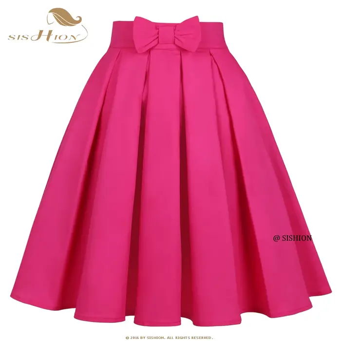 SISHION-Jupe plissée en coton pour femme, couleur unie, rose foncé, rouge, avec nœud, vintage, pour