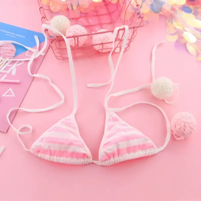 Japon Sexy Lingerie Lolita Kawaii bleu rose blanc rayé Mini Bikini adulte Cosplay femmes soutien-gorge ensemble de sous-vêtements Frenum maillot de bain