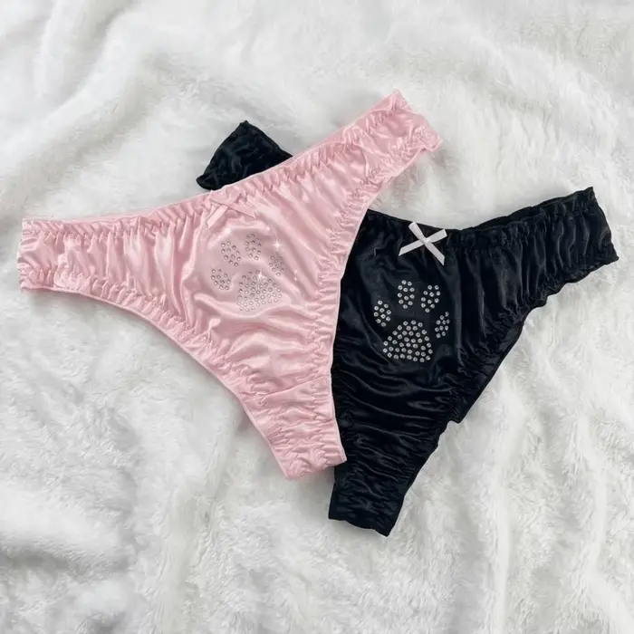 Culottes Lolita Patte de Chat Kawaii en Coton avec Strass, Strings Confortables et Doux à Volants pour Fille