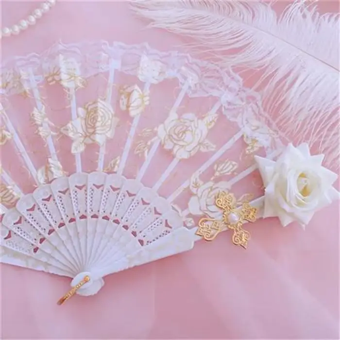 Éventail Gothique Lolita Victorien en Dentelle pour Femme, Vintage, Noir, Blanc, Rouge, Rose, Bambou