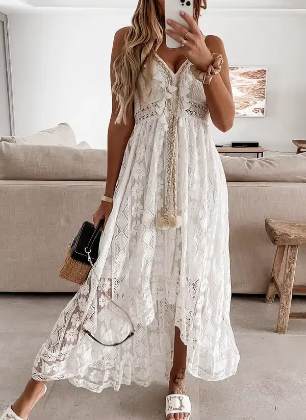 Robe femme blanc évider coton robe d'été dentelle sans manches longue épissage été fête élégante soi