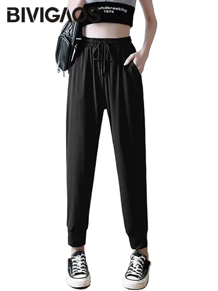 BIVIIncome-Pantalon de survêtement noir décontracté Ice InjSports pour femme, pantalon de jogging, s