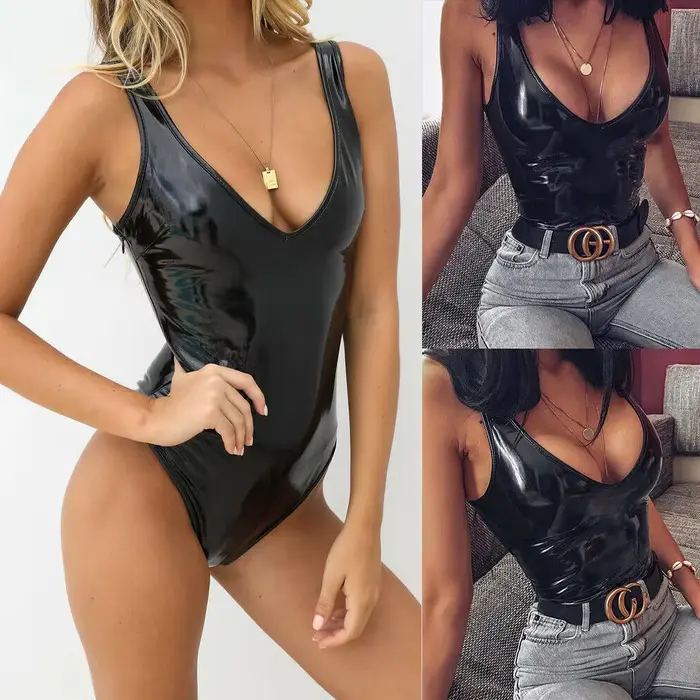 Combinaison en Faux cuir brillant pour femmes, Lingerie Sexy, Bustier bas, body érotique en Latex, Catsuit, pôle danse, justaucorps façonnant le sexe