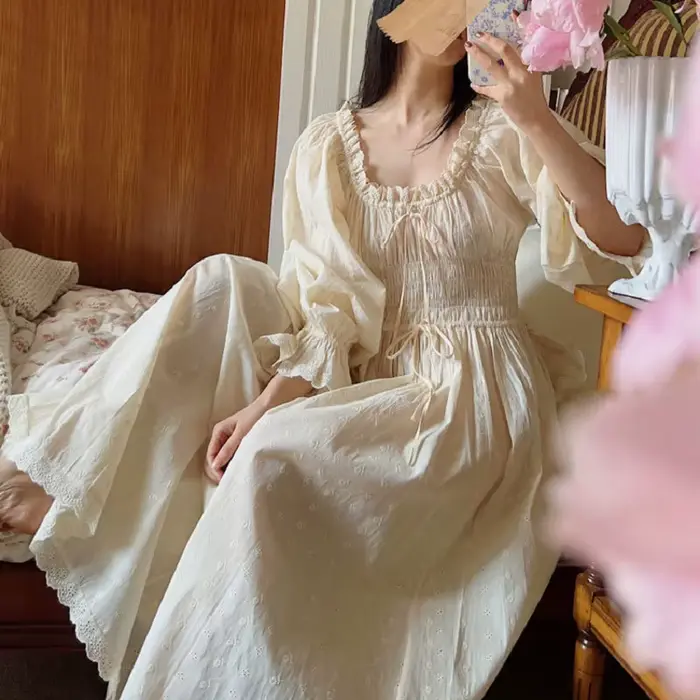 Vysoce kvalitní Vintage měkké čisté bavlněné dlouhé noční košile pro ženy dlouhý rukáv elegantní pohodlné výšivky volné noční košile
