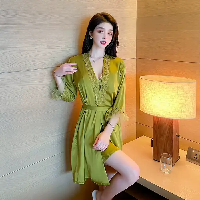 Dámské saténové kimono set, 2 kusy, sexy ležérní noční košile, domácí oblečení, krajka intimní prádlo, župan