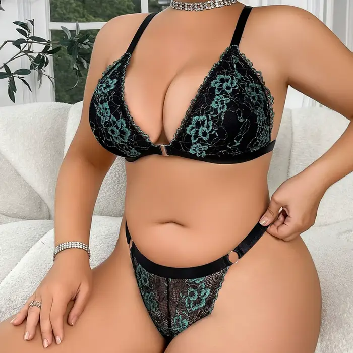 Dámské plus size sexy krajkové spodní prádlo s krajkovým lemem – podprsenka a kalhotky dvoudílná sada pohodlné velké