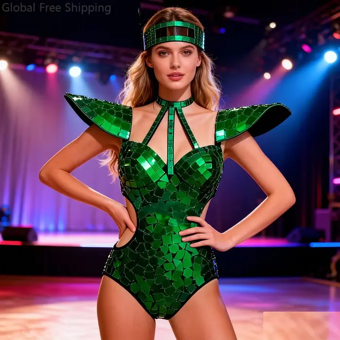 Body miroir en polyester pour femmes, costume de danse avec paillettes or argent, épaules volantes, ajouré, tenue rave, vêtements de spectacle gogo occasions spéciales