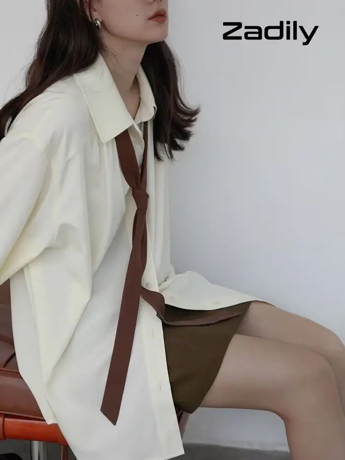 Chemisier Minimaliste Surdimensionné Style Coréen Femme Manches Longues avec Nœud Détachable Parfait